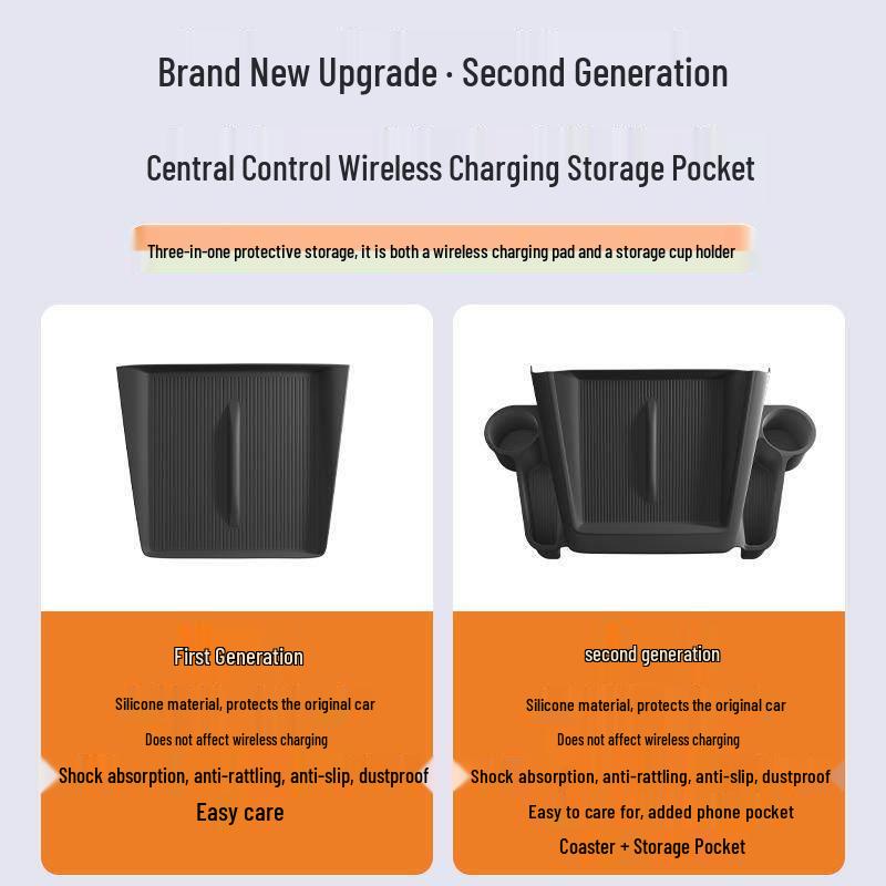 Tesla Wireless Charging Storage Pocket: Dustproof, Wear-resistant, Non-slip, Noiseless, with Dual Cup Holders.