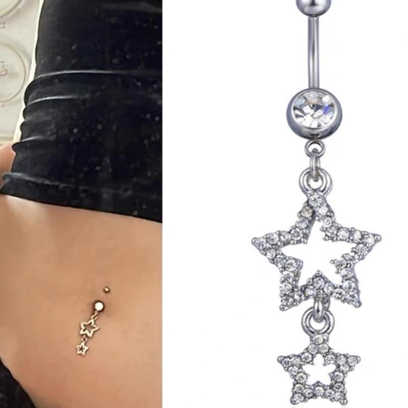 New Star Belly Button Rings Long Dangled Bar Belly Navel Piercing Ring Shinny Crystal Charming Oreja Body Zircon Accessories