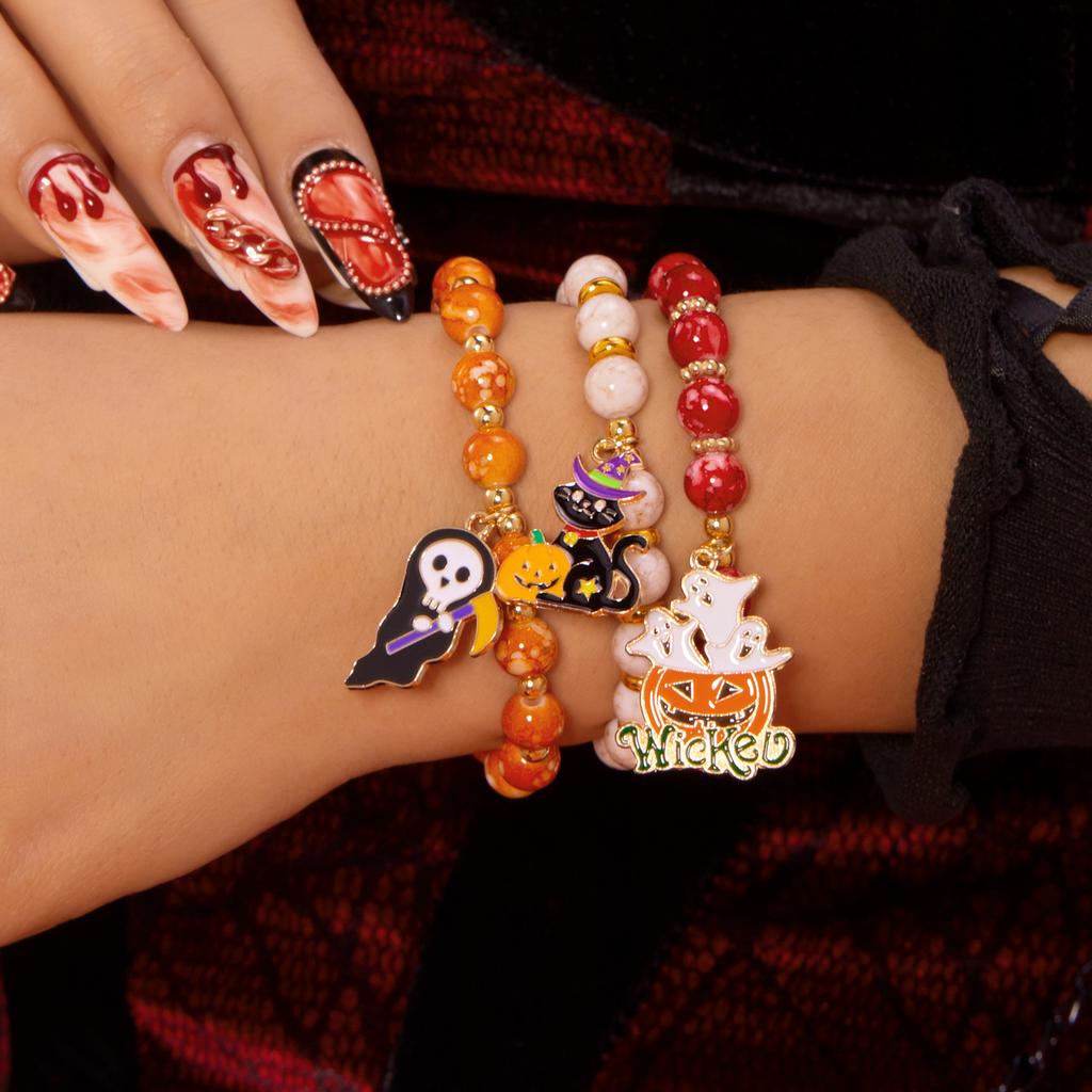Gothic Halloween Pumpkin Crystal Beads Bracelet for Women Cartoon Cat Bat Ghost Elastic Chain Festival Party Wrist Jewelry Gift