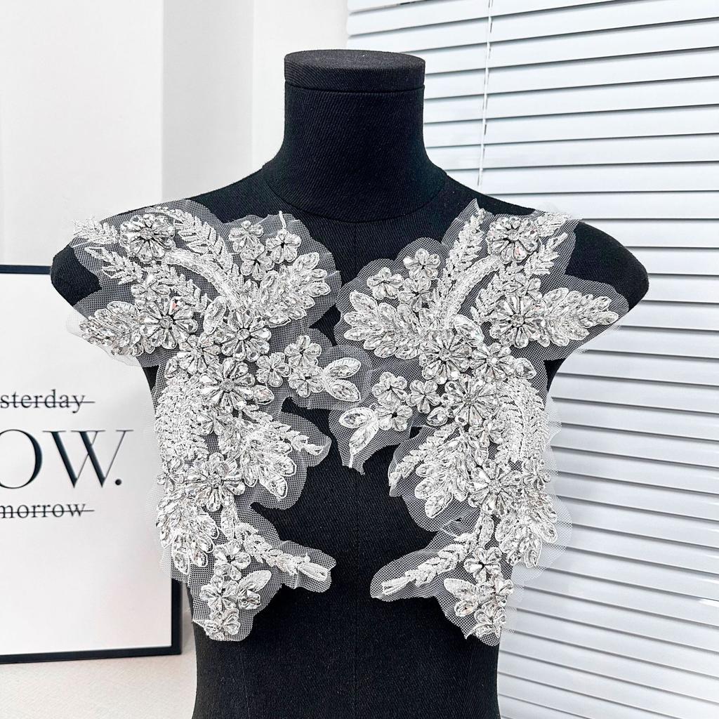 Mesh White Flower Hand-Sewn Beads With Diamond Cloth Stickers Diy Decorative Cheongsam Dress Clothing Accessories Ins