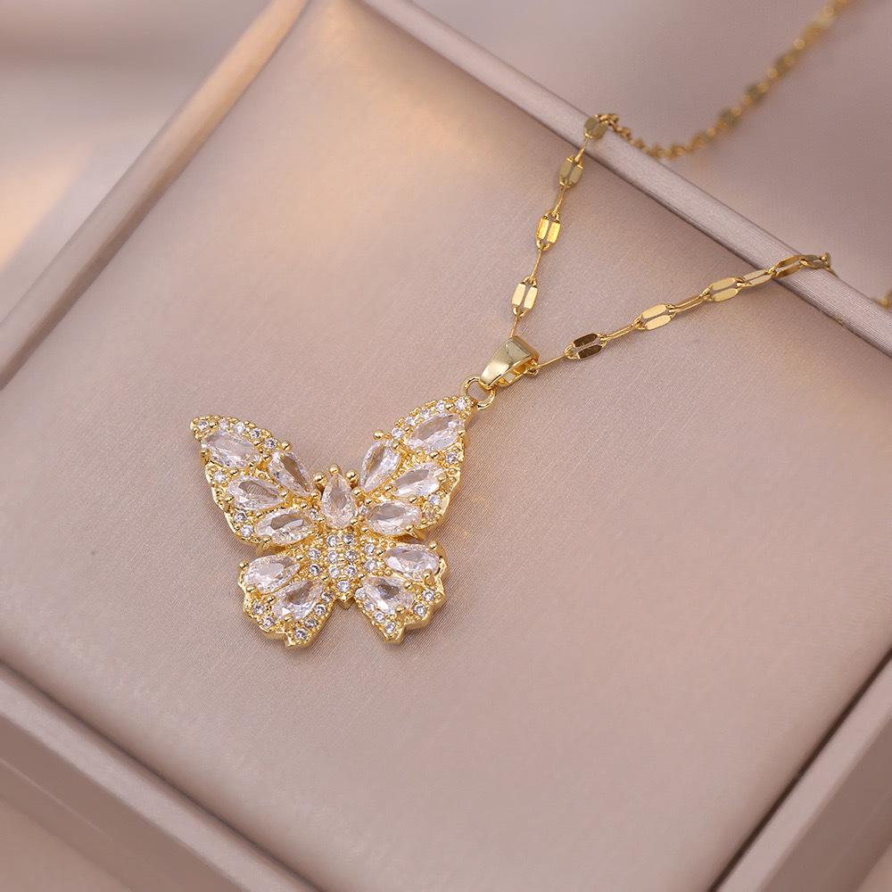 Butterfly Necklace with Color-Retaining Zircon - Fashionable, Versatile Women's Jewelry Accessory.