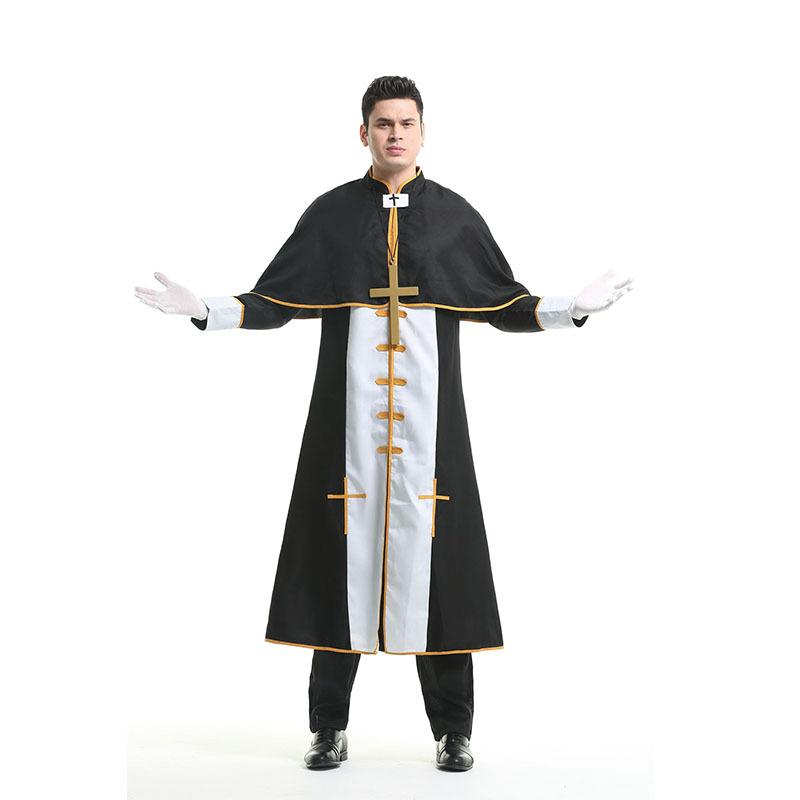 CosplayCosplay Sacerdote, Sacerdote romano, vestito nero da festa, costume di Halloween da uomo cosplay professionale