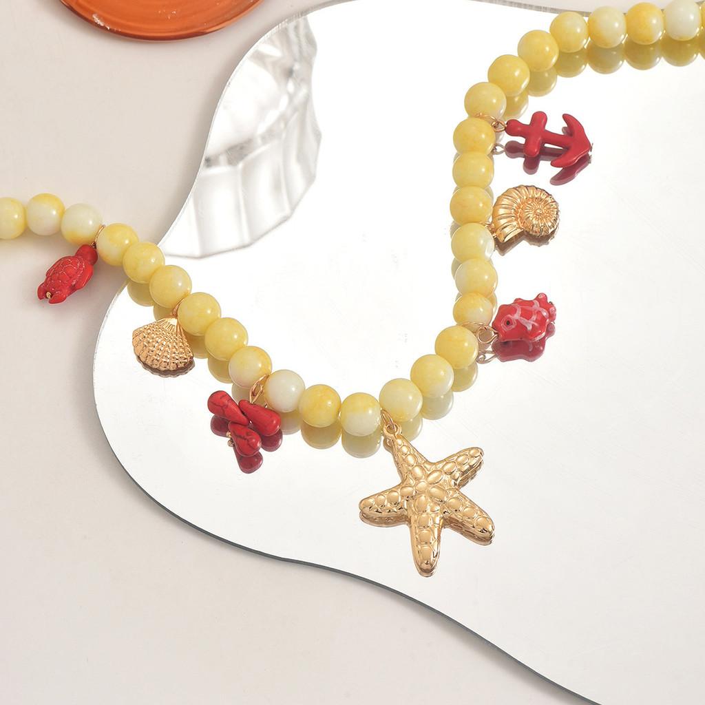 Beaded Necklace With Shell Beads And Geometric Pendant For Women