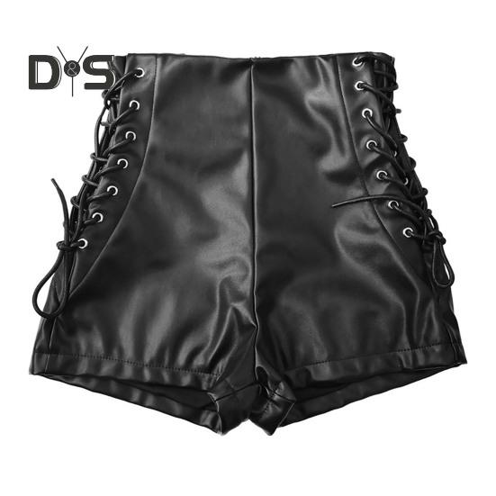 Dámské sexy elastické šortky z umělé kůže Slim Fit Boční Šněrování Šortky s vysokým pasem Hip zavinuté Pódiová show Úzké krátké kalhoty Streetwear