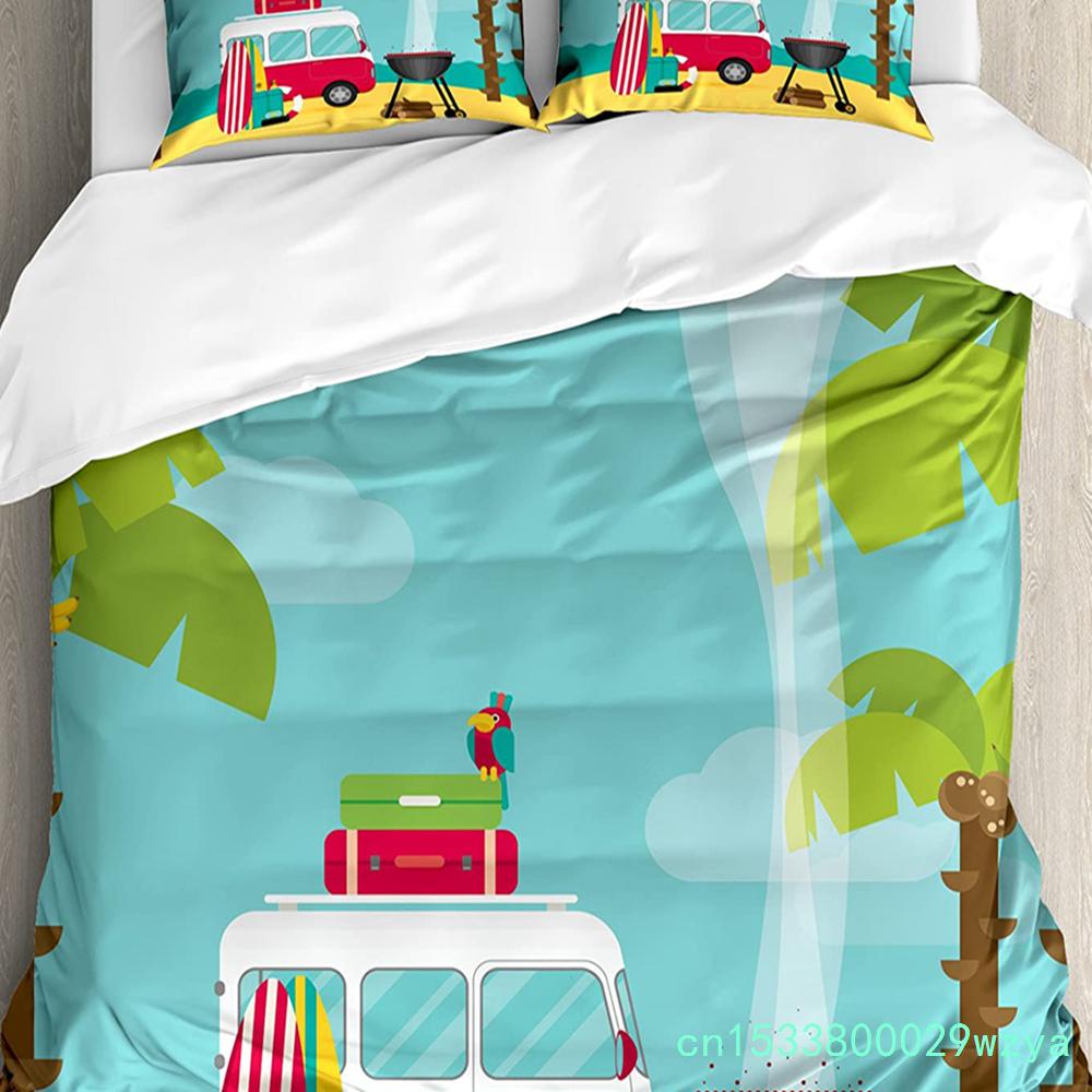 Surf Decor Bedding Set Comforter Duvet Cover Pillow Shams Ornate Colorful Surfboards Vocation Fun W Bedding Cover Double Bed Set