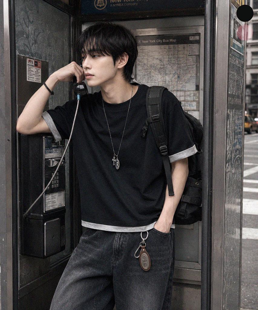 Yosemiti Color Block Roll-Up Layered Short Sleeve Tee Yt-3Y31