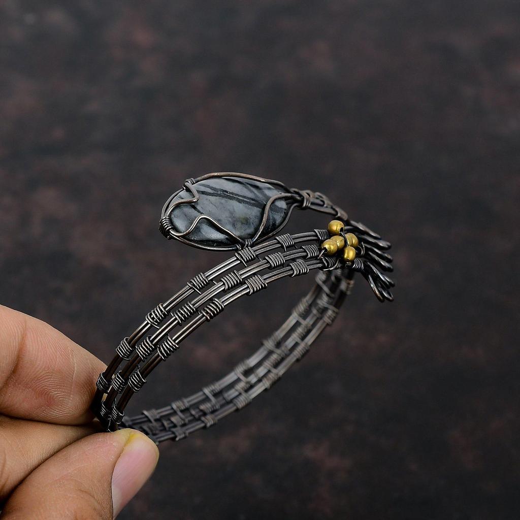 Picasso Jasper Gemstone Bangle Copper Wire Wrapped Bangle Adjustable Cuff Bracelet Handmade Bangle Copper Wire Wrap Jewelry Engagement Gift