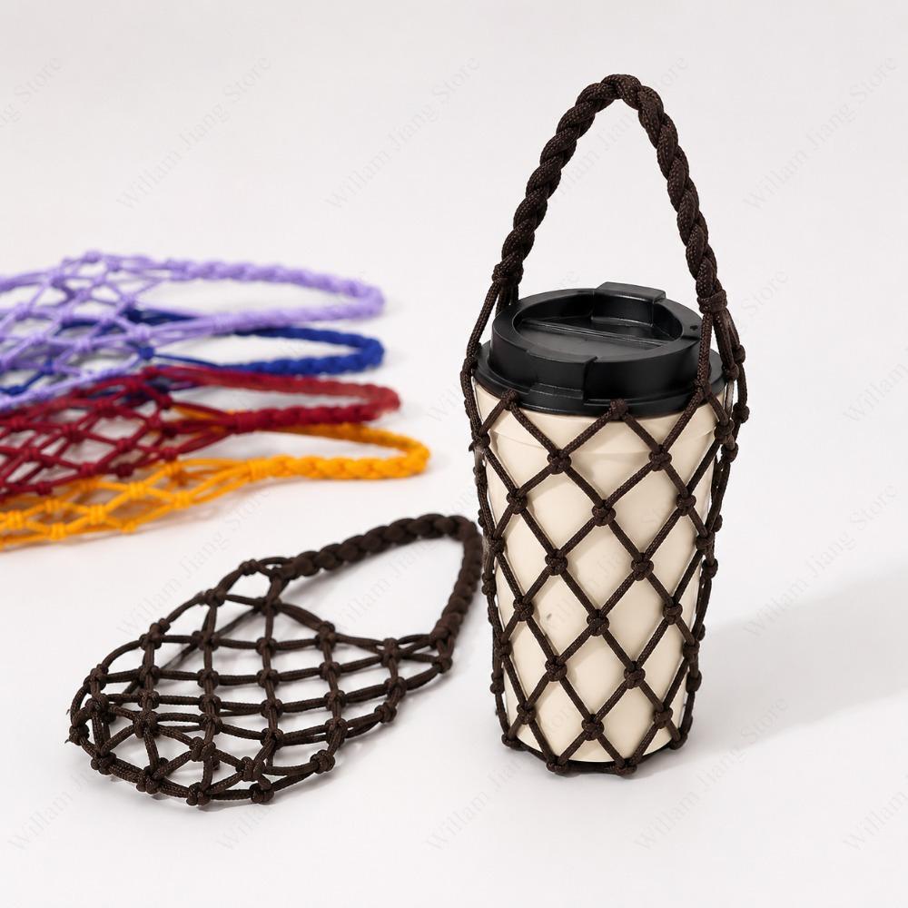 Reusable Woven Coffee Cup Holder Handmade Mesh Water Bottle Carry Bag with Shoulder Strap for Walking Office Picnic Travel