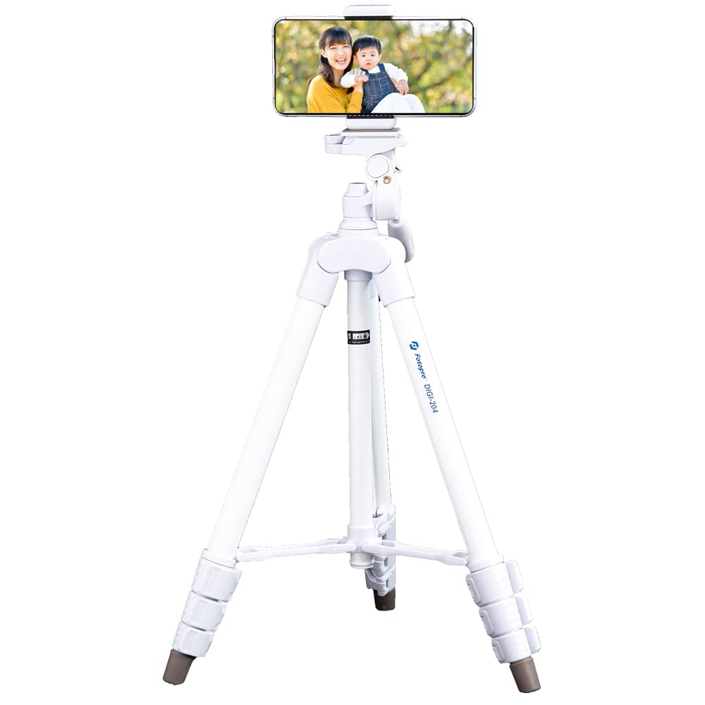 

Fotopro White Aluminum Smartphone Head with Storage Smartphone Compatible with Digital and SLRs DIGI-204 Tripod, 120cm, 4-Level Adjustment, Compact,