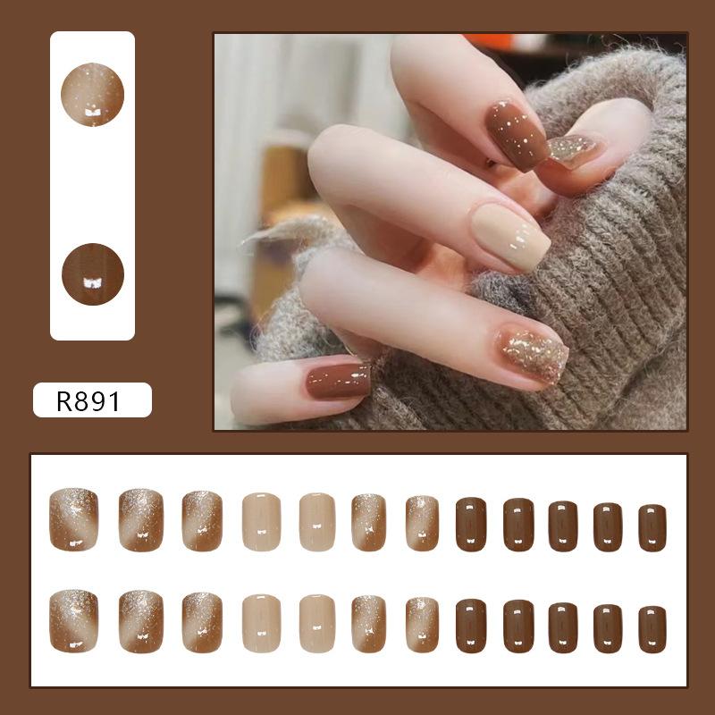 

Coffee Color Smudge Fine Flash Short European Square Nails Elegant Fashion Girl Gentle Removable Manicure Tablets 24 Pieces