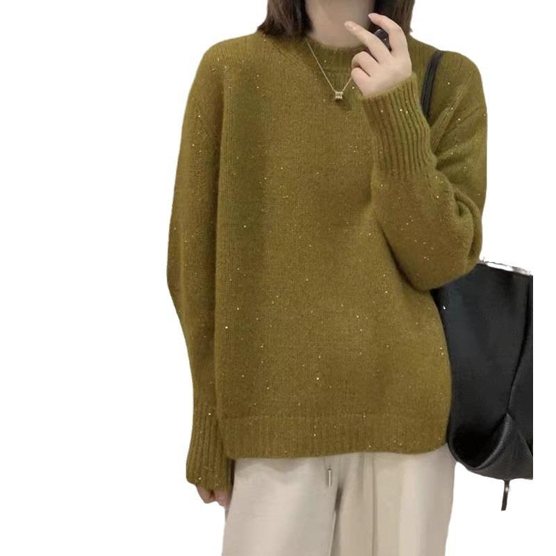 Solid Color Soft Waxy Round Neck Pullover Sweater Women's Autumn and Winter New Niche Bright Silk Bottomed Knitted Sweater Top