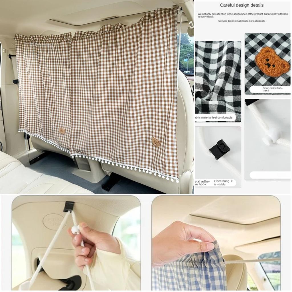 Car Curtains Summer Car Front Rear Partition Curtain -Cute Cartoon Bear Window Shade Privacy Sunscreen Heat Insulation Accessory