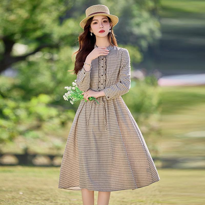 

2025 Spring Women s Plaid Stand Collar Mid-Length Dress with Waist-Gathering Long Sleeves L 110-120 lbs