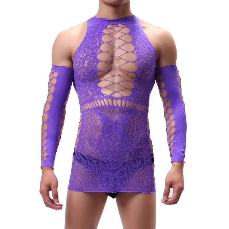Men Sexy Lingerie Exotic Fishnet Bodystocking Jumpsuit Mesh Net See-through Long Sleeve Bodysuit Gay Sleepwear Club Wear