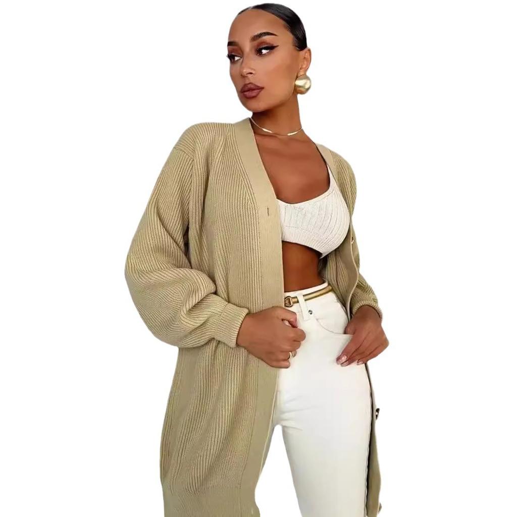 Medium-length Knit Sweater Jacket Female Solid Color Casual Wild Loose V-neck Early Fall Knitted Cardigan Female