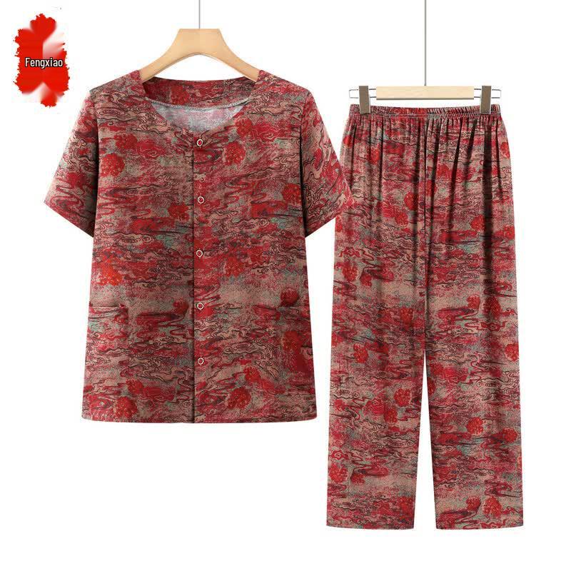 Women s Floral Retro Short-Sleeve Top & Round Neck Set 2XL
