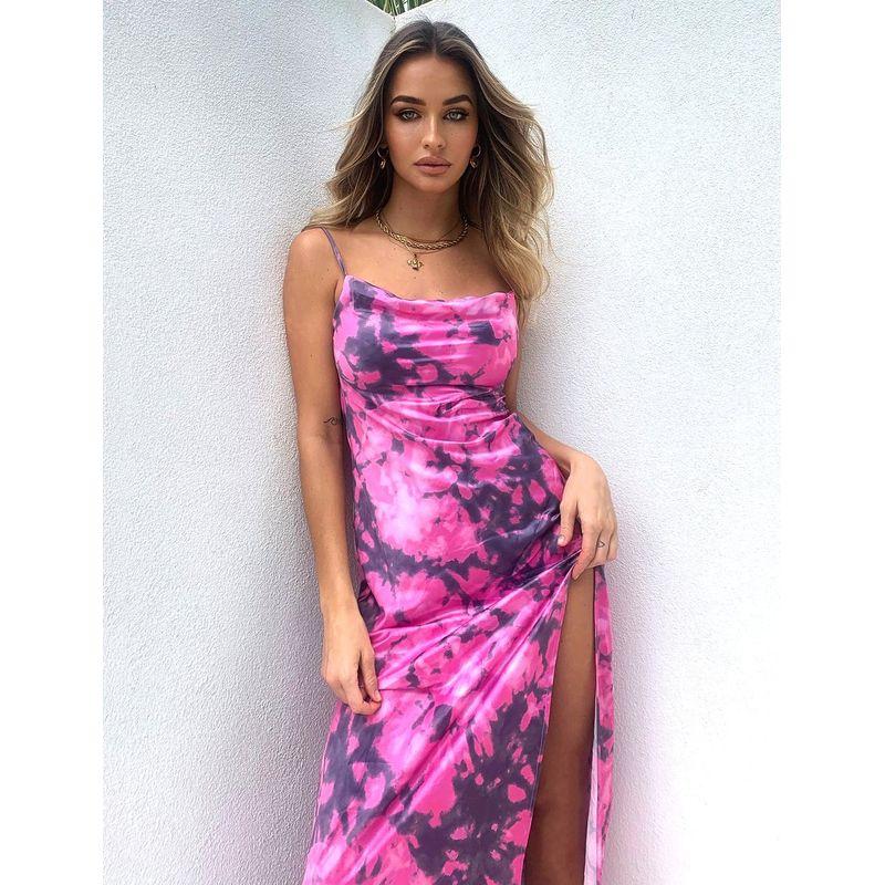 

Nightclub Fashion Style New Arrival off-Neck Sexy Sexy Open Back Tie-Dyed Silm High Slit Sling Dress Dress Pink XL