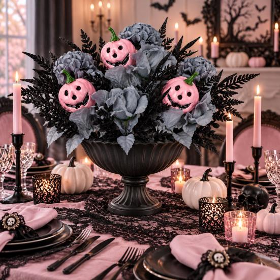 Decorative Silk Flowers for Showcases Halloween Artificial Flower Bouquet, Eucalyptus Floral Stems with Pumpkin Skull, Fake Reusable Dark Theme Party