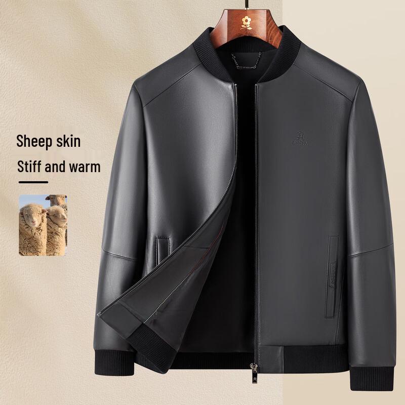 

MONTAGUT Men s Sheepskin Baseball Collar Leather Jacket