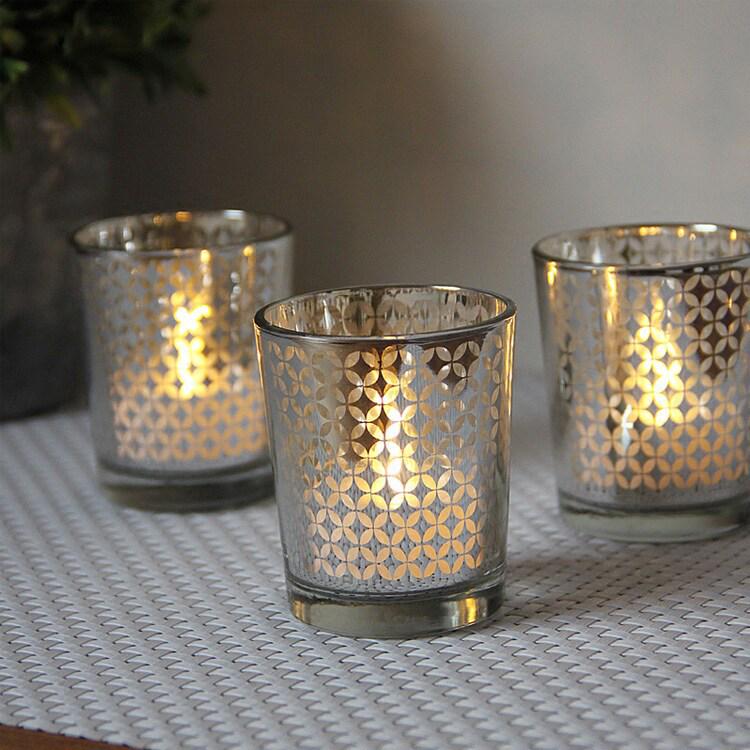 

Neo-Classical Gold & Silver Candle Holder - Small Copper Coin Glass Candlestick for Hotel, Restaurant, Bar Decor серебряный