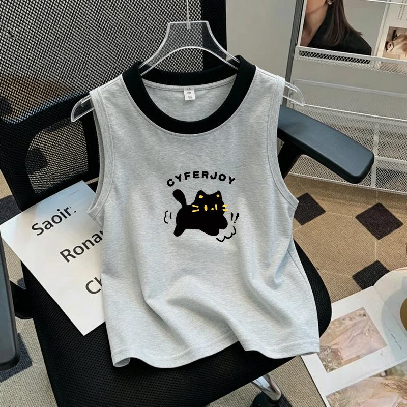 Korean Style Color Block Sleeveless Cotton Vest T-Shirt for Girls (Ages 6-12)