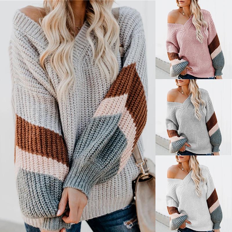 Buy Women Sweater Winter Autumn Warm Knitted Sweater V-Neck Loose Long ...