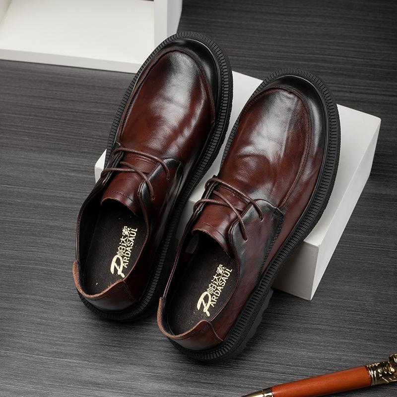 Autumn men's shoes leather round head breathable retro British style casual leather shoes business lace-up platform trend single shoes men