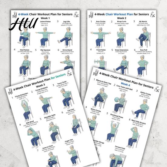 Yoga sulla Sedia per Anziani 4 Pezzi 4 Settimane Tabella Esercizi Anziani Allenamento Completo da Seduti Allenamento a Casa Anziani Senza Palestra & Poster di Forza Basso Impatto