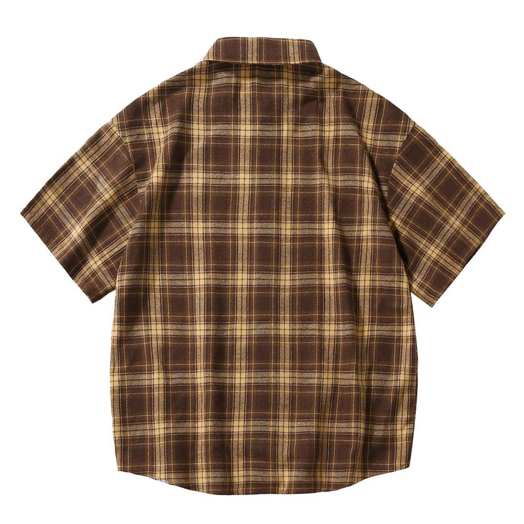 Men'S Short Sleeved Japanese Vintage Plaid Printed Shirt Summer Vacation Beach Check Shirt Button Down Half Sleeved Shirt