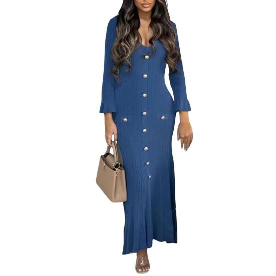 Spring Fall Women Dress Button Decor V Neck Knitted Long Sleeves Slim Fit Patchwork Fishtail Hem Solid Color Stretchy Maxi Dress