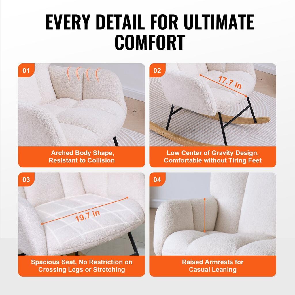 Nursery Rocking Chair, 250 lbs Weight Capacity Teddy Fabric Upholstered Glider Rocker Chair with Soft Seat and High Backrest, Nursing Chair for