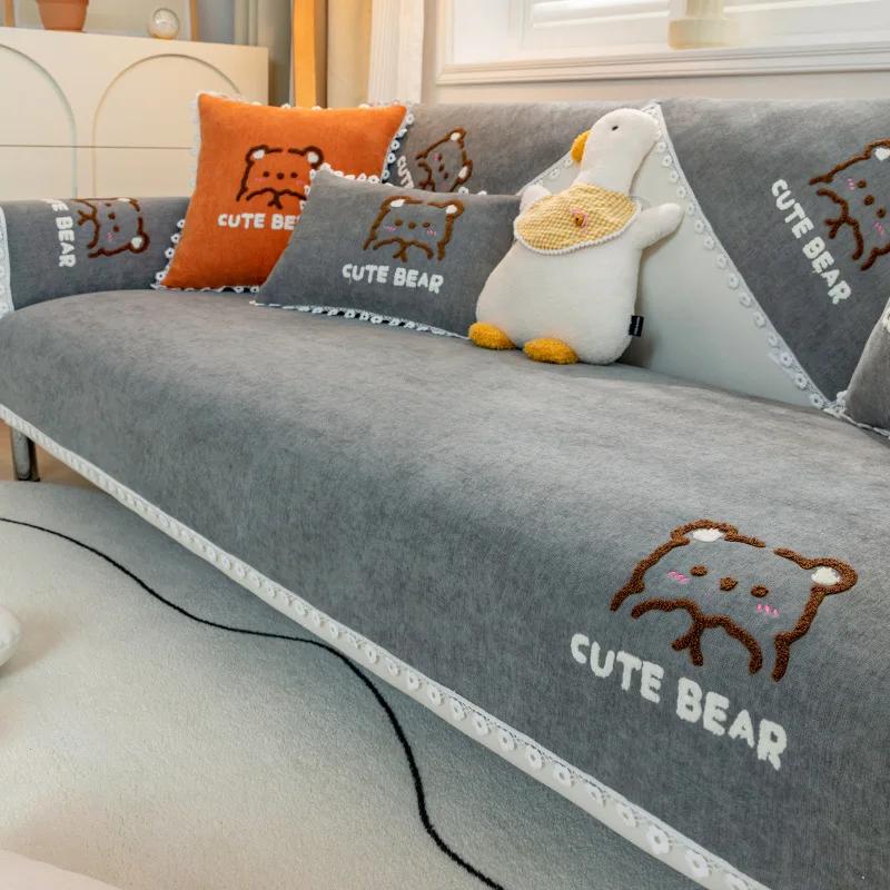 Capa de sofá moderna de urso fofo, renda branca com margaridas, almofadas antiderrapantes para sala de estar, capa de sofá universal para quatro estações, toalha