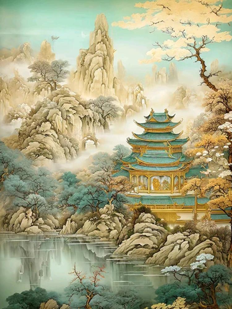 Diamant-Kunstsammlung im chinesischen Stil, Berg-Wasserfall-Landschaft, Kunst, 5D-Diamant-Stickerei, Mosaik, Heimdekoration, Kreuzstickerei