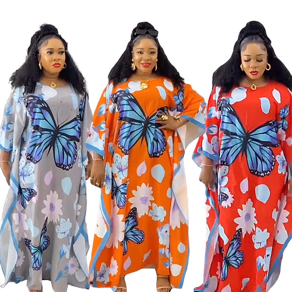 African Batwing Sleeve Chiffon Robe: Loose Plus Size Muslim Women's Printed Dress