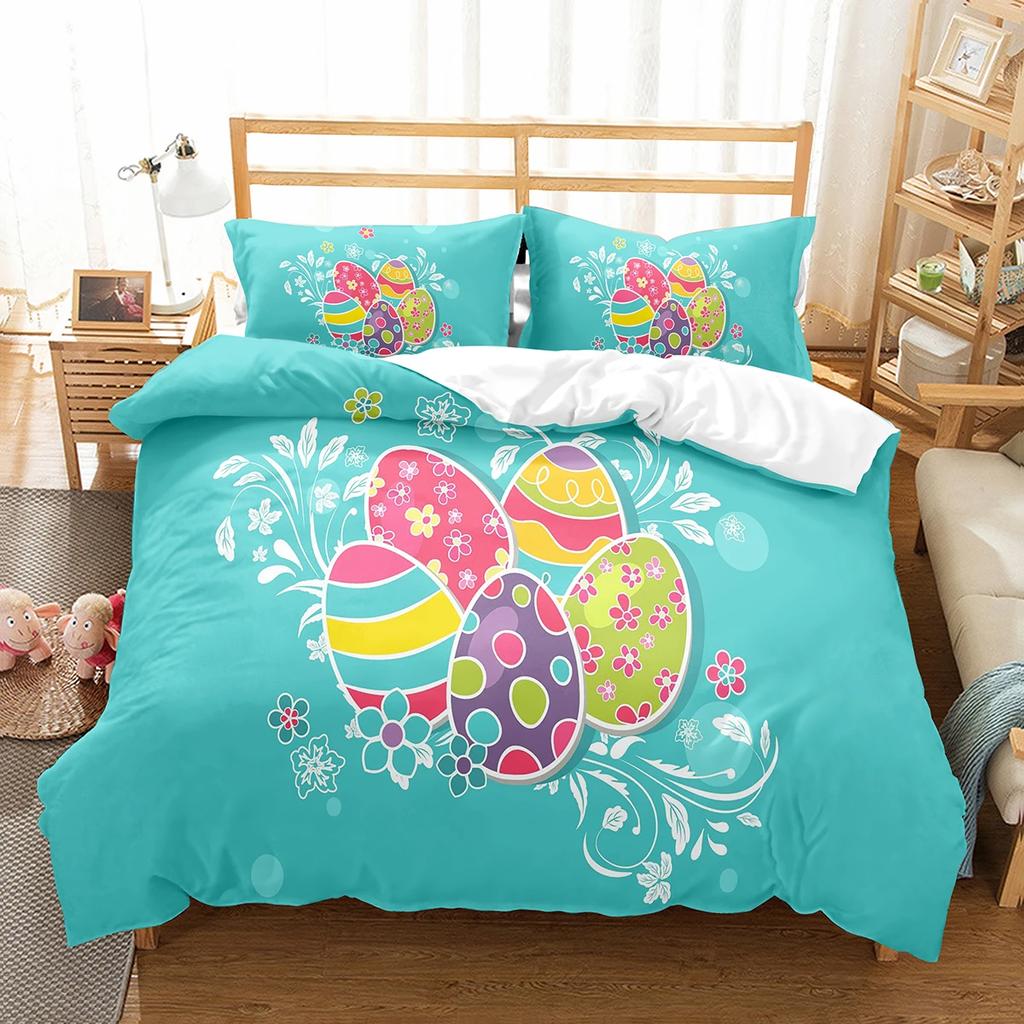 Happy Easter Duvet Eggs Rabbit Pattern Polyester Comforter Cover Festival Gifts for Kids Boys Girls Bedding Set with Pillowcase