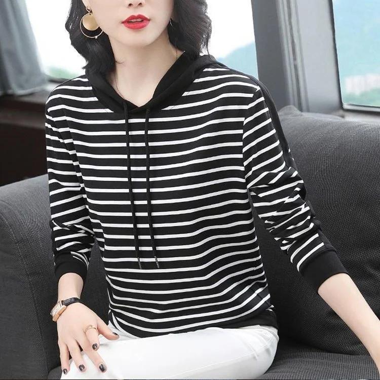 Spring and Autumn Loose Sleeved T-shirt Size Stripe Hooded Oversize Top Tops Women T-shirts Clothing