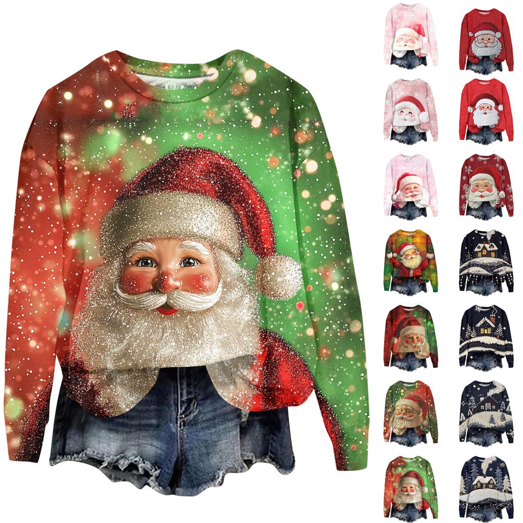 Ladies' Christmas Printed Casual Long Sleeved Round Neck Sports Hoodie Top