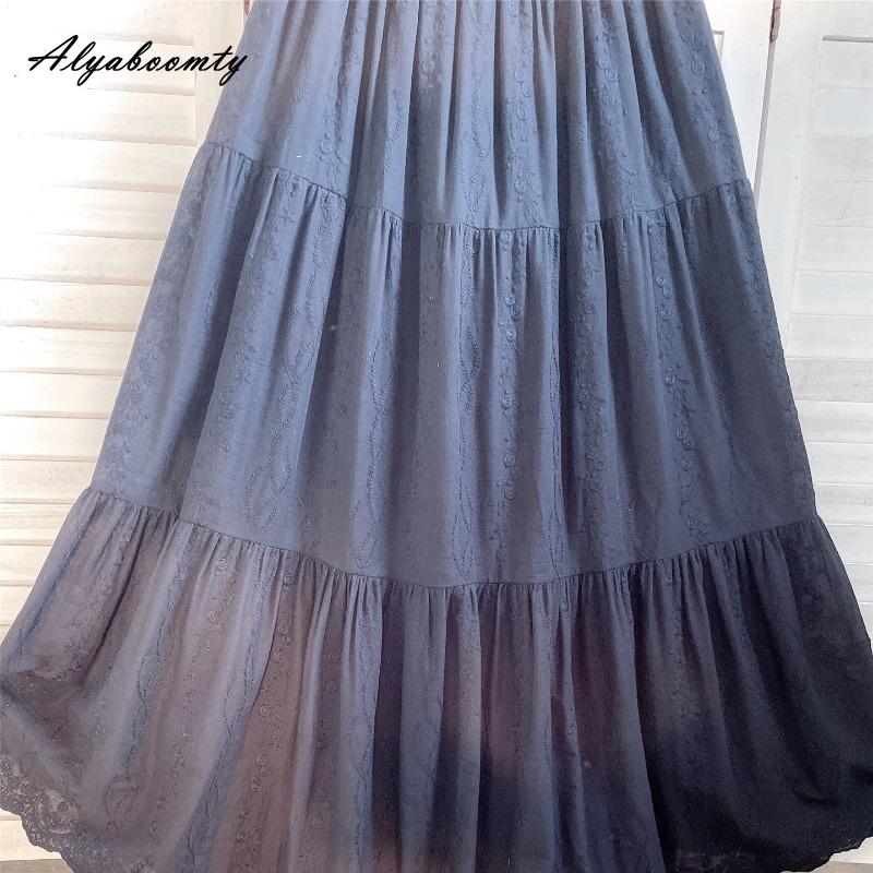 Japanese Mori Girl Spring Summer Women Black Skirt High Waist Floral Embroidery Elegant Midi Skirt Vintage Cotton A-Line Female Skirt