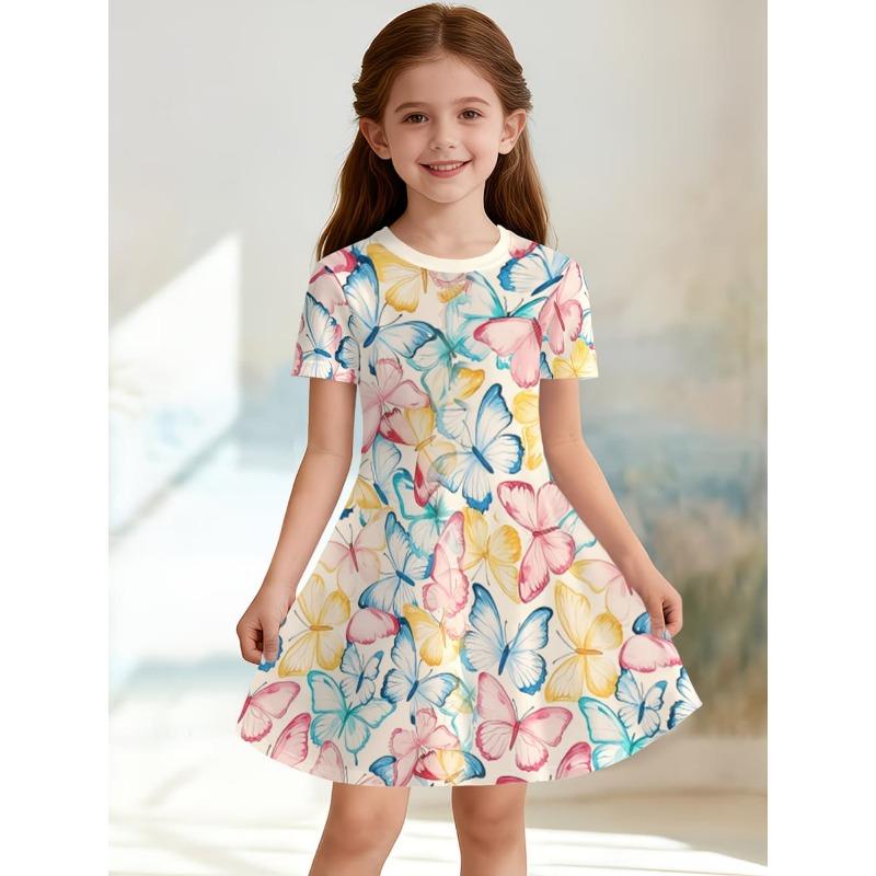 

Dress for Girls Beautiful Butterfly Printed Short Sleeve Dress Summer Loose Girls Casual Dress Round Neck Hot Sale Girl Clothes 100