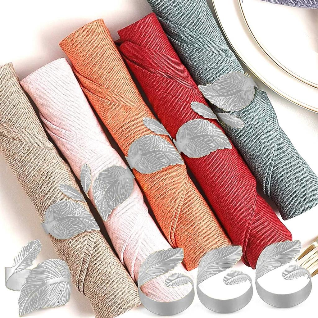 Set Of 6 Gold Leaf Napkin Rings With Open Napkins
