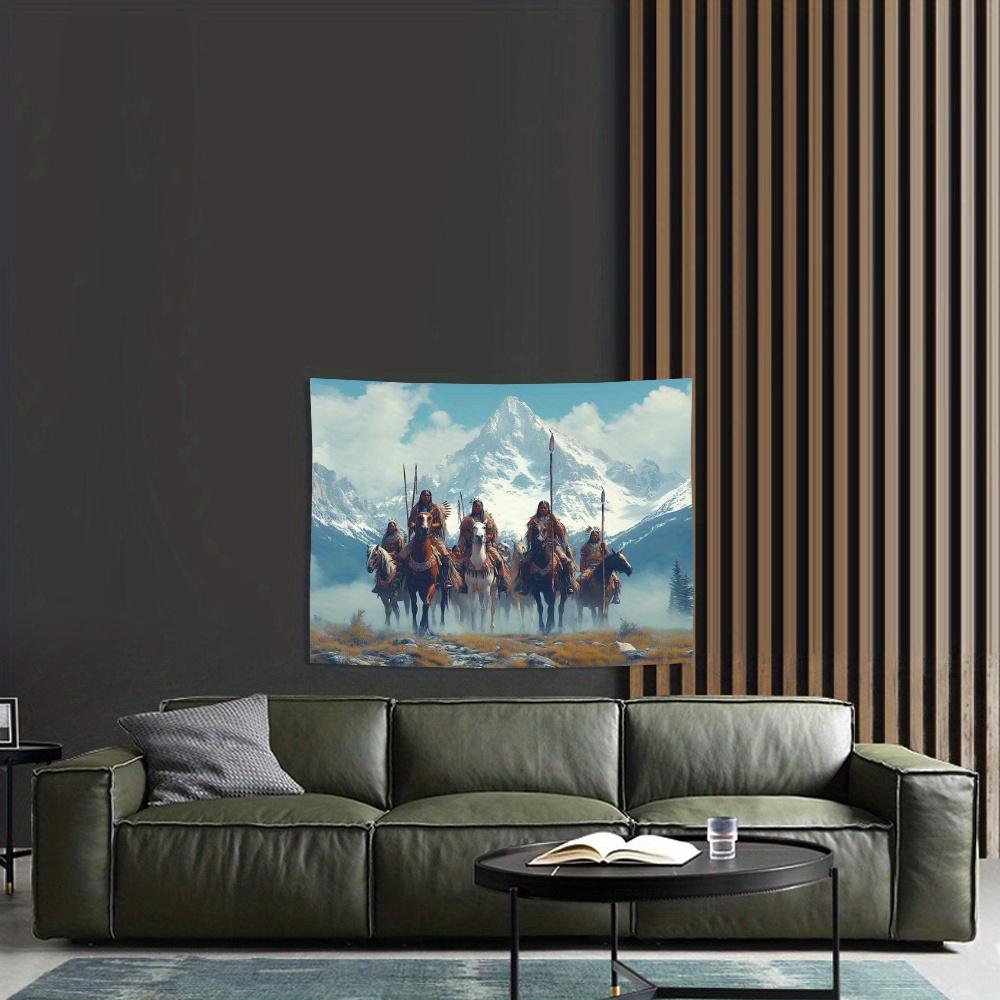 Epic Mountain Tapestry: Native Warriors On Horseback For A Dramatic Living Room Decor