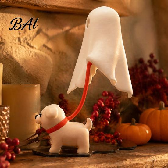 Whimsical Room Accessories Halloween Ghost Walking Dog Figurine, Cute Spooky Statue with LED Candle, 3D Printed Tabletop Ornament for Holiday
