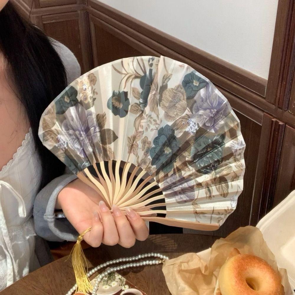 Woman Men Silk Flower Folding Fan Portable Retro Shell Fan Hand Fold Fan Living Room Cabinet Decor