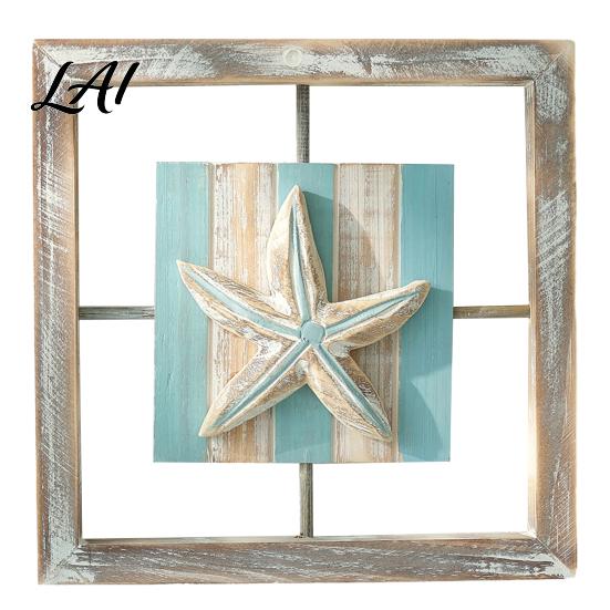 Nordic Style Hanging Decor 3D Conch/Starfish/Shell Wooden Frame Wall Art Distressed Coastal Decoration Small Beach House Ornaments Ocean Inspired