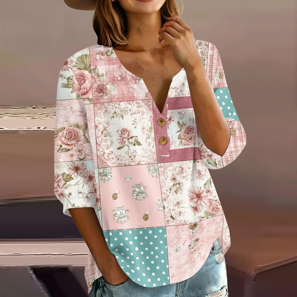 Women’s Casual Floral Print Henley Neck Button Down Cotton Linen Shirt with Three Quarter Sleeves Relaxed Fit Blouse Top