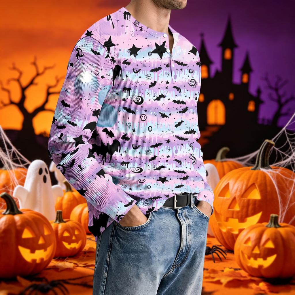 Men's Long Sleeve Printed Neck T-Shirt with Ribbed Texture Casual Tee