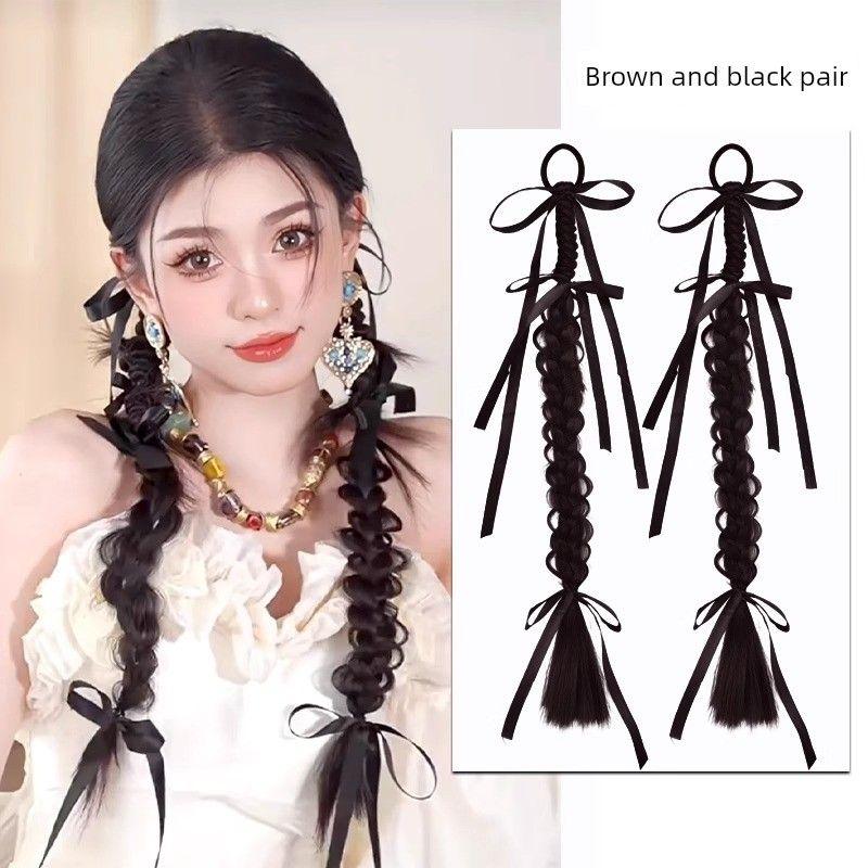 New Chinese Style Braid Wig Handmade Fishbone Plaits Bridal Gown Shape Twisted Twist Braid Ribbon Horse Tail