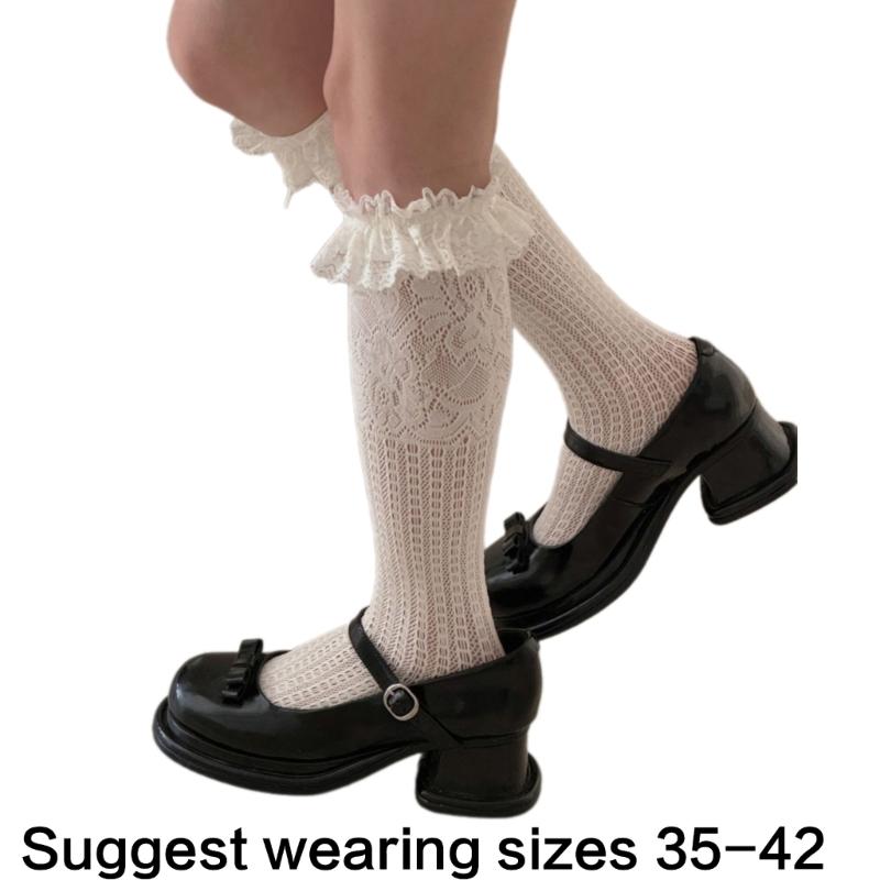 Women Knee Highs Fishnet Socks Ruffle Lace Hollowed out Calf Socks Mesh Socks Lolitas Fishnets Stockings Cosplay Costume