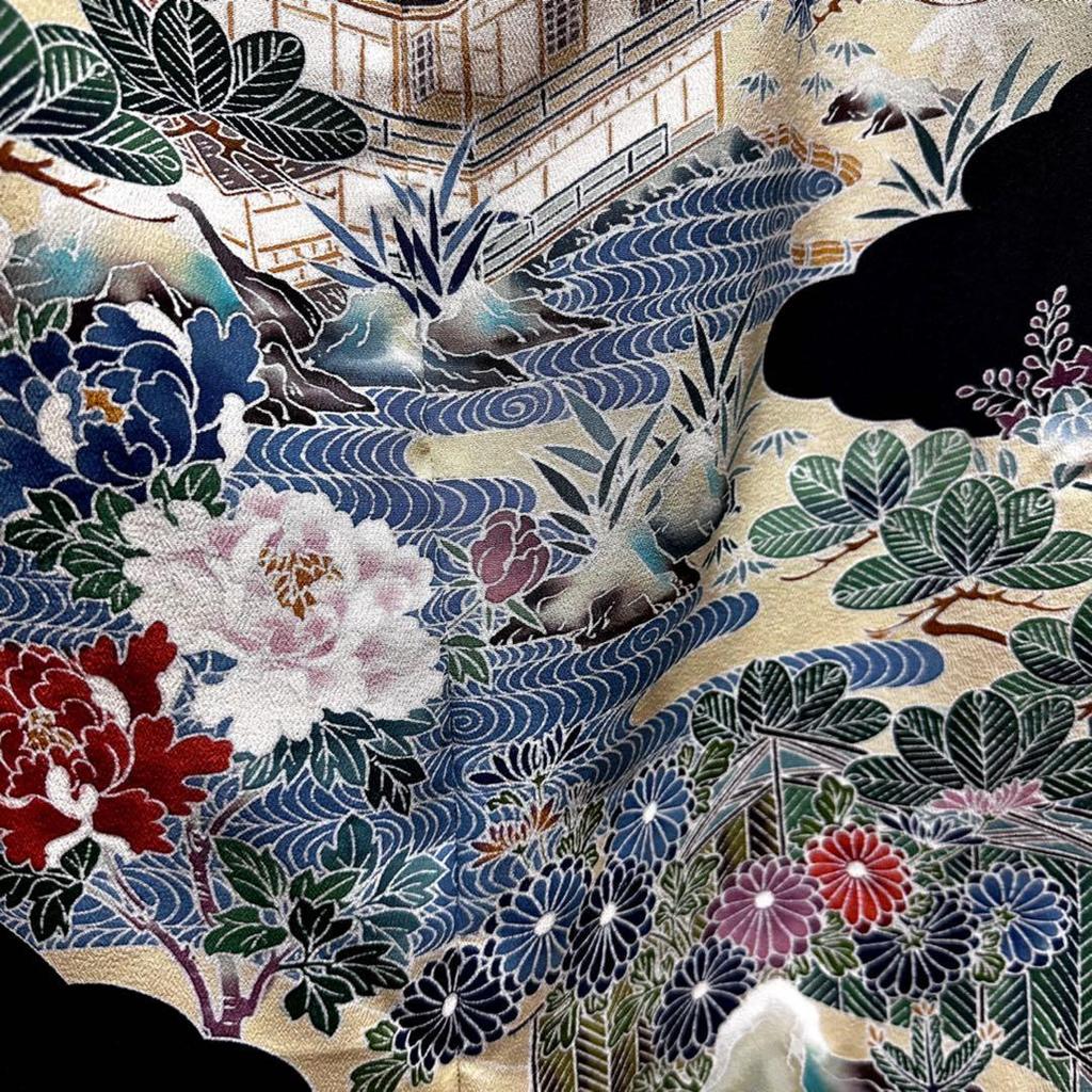 Used Tomesode Kimono Remake Dress, Kimono Sleeve Style, Japanese Pattern, One-piece Dress, Handmade, Houses and Flowers