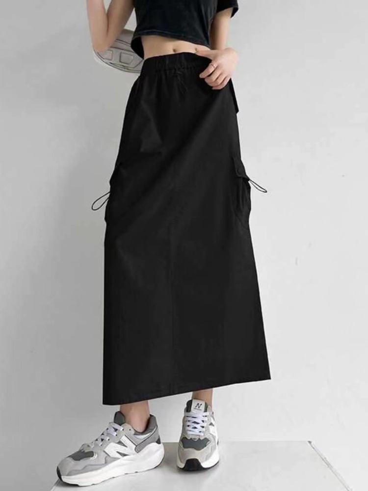 

Женская летняя миди-юбка А-силуэта из выстиранного хлопка с разрезом и высокой талией. L чёрный